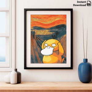 Pode incluir: Um padrão de ponto cruz de um personagem Pokemon amarelo parecido com um pato com um bico branco, cobrindo as orelhas com as mãos, na frente de uma versão pixelada da pintura O Grito de Edvard Munch.