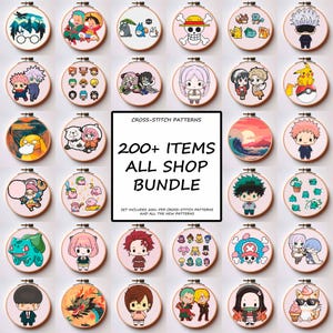 May include: A collection of circular wooden embroidery hoops containing various colorful cross-stitch patterns of anime characters and creatures. A central white square features the text: CROSS-STITCH PATTERNS 200+ ITEMS ALL SHOP BUNDLE.