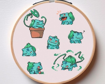 Bulbasaur Cross Stitch Pattern Set – 7 Cute Pixel Art Designs (PDF)