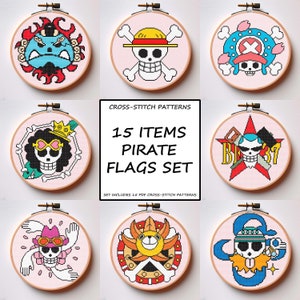 Puede incluir: Un conjunto de 15 patrones de punto de cruz con banderas de piratas de la popular serie de anime One Piece. Los patrones incluyen símbolos icónicos como el Jolly Roger, los Piratas del Sombrero de Paja y los Piratas del Corazón. Los patrones están disponibles para descargar en PDF.  CROSS-STITCH PATTERNS 15 ITEMS PIRATE FLAGS SET SET INCLUDES 15 PDF CROSS-STITCH PATTERNS