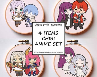Patrón de punto de cruz de anime: Juego de 4 personajes de Magi Chibi (PDF, descarga instantánea)