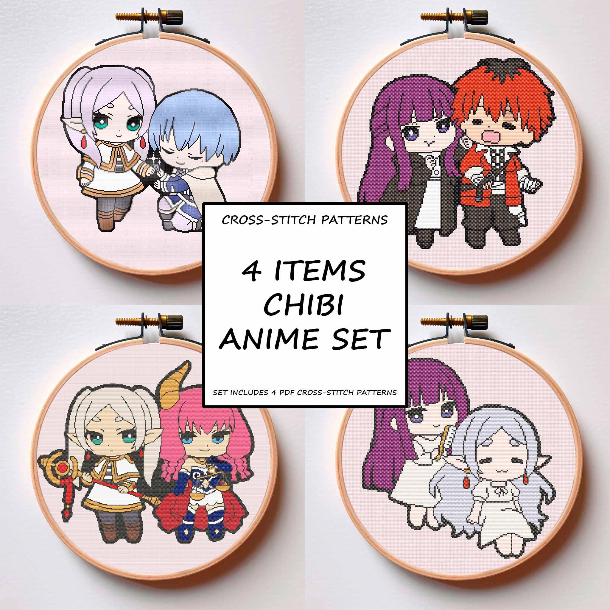 Anime Cross Stitch Pattern Set of 4 Magi Chibi Styled Characters