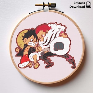 May include: Cross stitch pattern featuring two anime characters, one with red hair and a white fur coat, the other with black hair and a straw hat. The characters are in a fighting pose.
