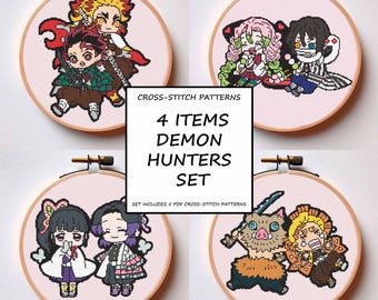 Patrón de punto de cruz de Cazadores de Demonios: Set de pegatinas estilo anime estilo Chibi (Descarga en PDF)