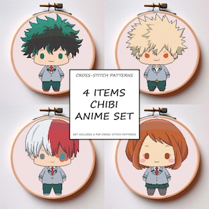 Anime Cross Stitch Pattern Set of 4 Heroes Chibi Styled Characters PDF Instant Download