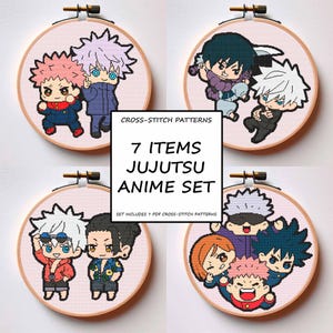 May include: Four circular wooden embroidery hoops containing cross-stitch patterns of anime characters. The central text reads: CROSS-STITCH PATTERNS 7 ITEMS JUJUTSU ANIME SET SET INCLUDES 7 PDF CROSS-STITCH PATTERNS. The designs feature colorful chibi-style figures.