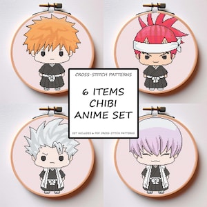 Anime Cross Stitch Pattern Set of 6 Swordmen Chibi Styled Characters PDF Instant Download