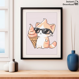 Anime Cat with Ice Cream Cross Stitch Pattern (PDF)
