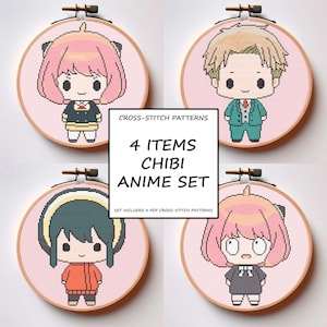 Anime Kreuzstichmuster Set von 4 Spies Chibi Charaktere PDF Instant Download