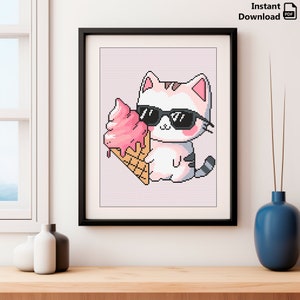 Anime Cat with Ice Cream Cross Stitch Pattern (PDF)