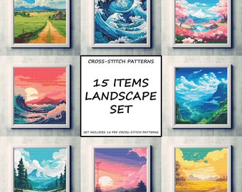 Anime Landscape Cross Stitch Patterns: Nature & Mountain Scenes (PDF)