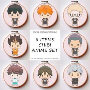 Anime Kreuzstich Muster Set von 8 Sport Charaktere im Chibi Stil PDF Instant Download