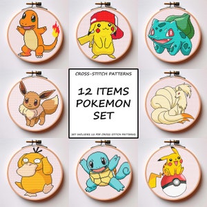 Puede incluir: Un conjunto de 12 patrones de punto de cruz con personajes de Pokémon. Los patrones incluyen Pikachu, Charmander, Bulbasaur, Squirtle,  y más.  PATRONES DE PUNTO DE CRUZ 12 ARTÍCULOS POKÉMON SET EL CONJUNTO INCLUYE 12 PATRONES DE PUNTO DE CRUZ PDF