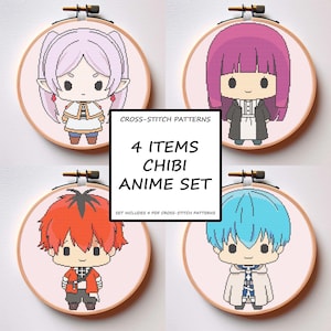 Anime Cross Stitch Pattern Set of 4 Heroic Chibi Styled Characters PDF Instant Download
