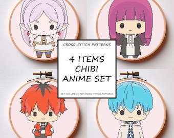 Anime Cross Stitch Pattern Set of 4 Heroic Chibi Styled Characters PDF Instant Download