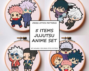 May include: Five cross-stitch patterns featuring characters from the anime Jujutsu Kaisen. The patterns are displayed in circular embroidery hoops with a pink background. The text "CROSS-STITCH PATTERNS", "5 ITEMS", "JUJUTSU", "ANIME SET", and "SET INCLUDES 5 PDF CROSS-STITCH PATTERNS" is also included.