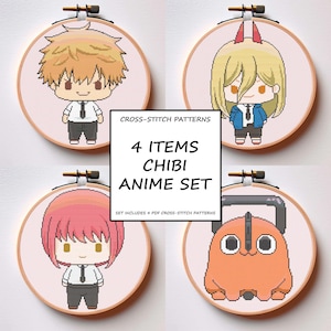 Anime Cross Stitch Pattern Set of 4 Devil Hunters Chibi Styled Characters PDF Instant Download