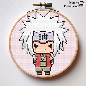 May include: Cross stitch pattern of a cartoon character with white hair, a red and green outfit, and a headband with the kanji "忍" on it.