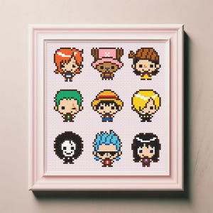 May include: A framed cross-stitch featuring nine pixelated characters from the anime One Piece. The characters include Luffy, Zoro, Nami, Usopp, Sanji, Chopper, Robin, Franky, and Brook.