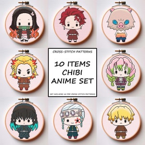 Anime Cross Stitch Pattern Set of 10 Demon Hunter Chibi Styled Characters PDF Instant Download