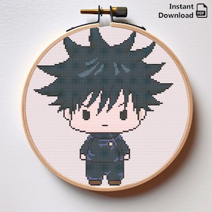 May include: Cross stitch pattern of a cartoon character with green hair, a blue shirt, and blue trousers. The character is standing in a wooden embroidery hoop.