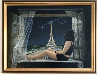 Oil Original Painting, Wall Art Decor ,Large,Framed,Eiffel Tower artwork,Parisian night scene,Shooting star art,Night sky painting