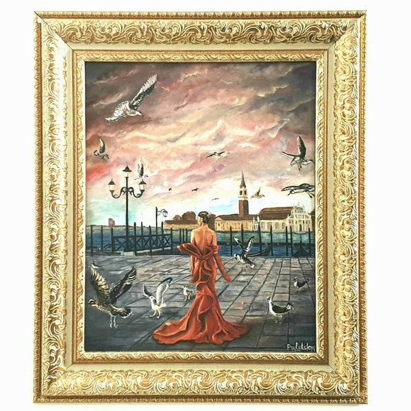 Oil Painting a gift for her,Beauty and Harmony ,Seagulls soar over the water,Pink sky,Girl in a red dress,Venice sea pier,Pink Painting.