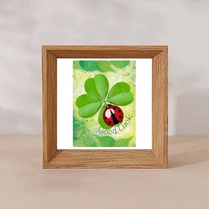 Postkarte GOOD LUCK Glückwunschkarte Marienkäfer Kleeblatt - Glücksbringer Kunstdruck A6