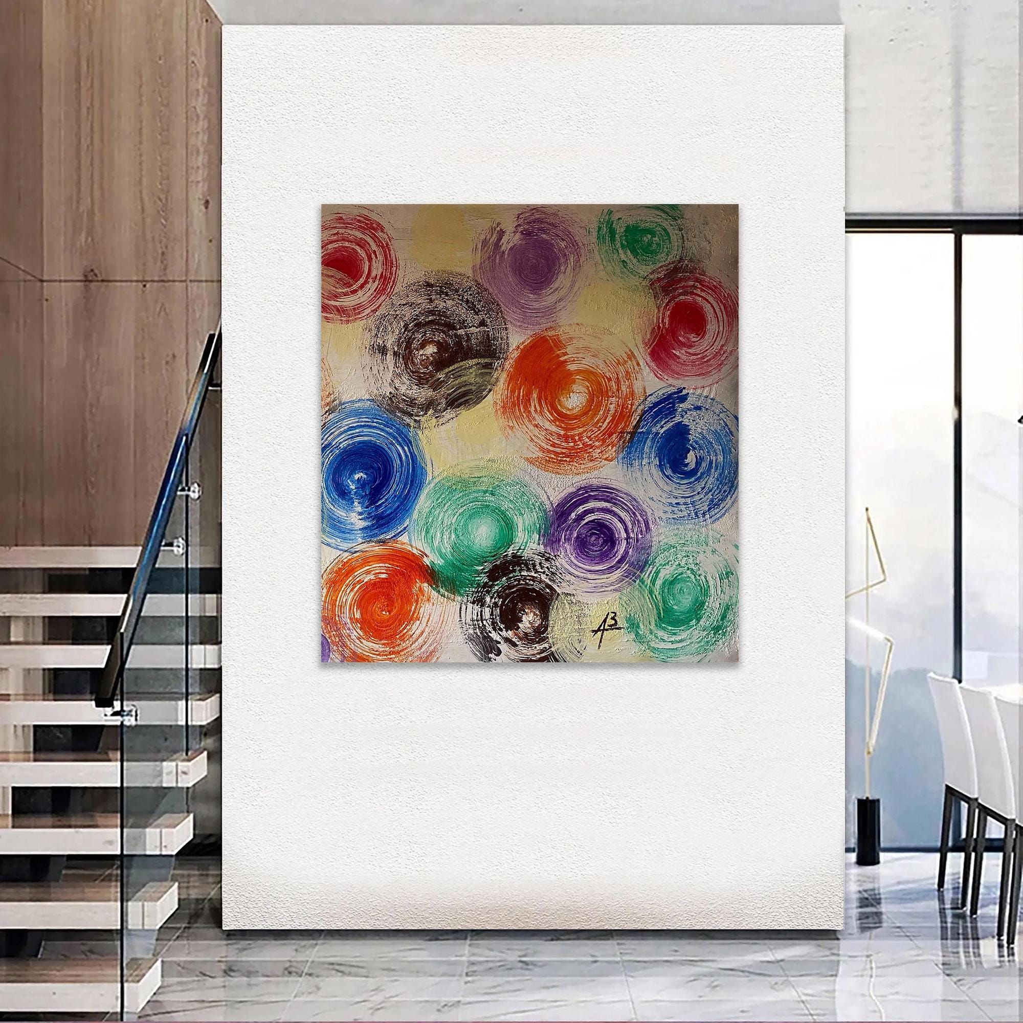 抽象的な円形絵画、カラフルな壁画、モダンなキャンバスアート