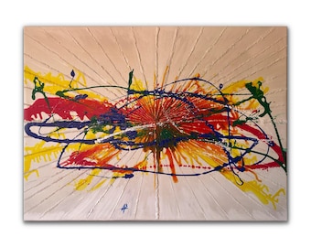 Puede incluir: Pintura abstracta con fondo blanco y una explosión de pintura amarilla, roja, azul y verde en el centro. La pintura está salpicada y goteada, creando una composición dinámica y enérgica.