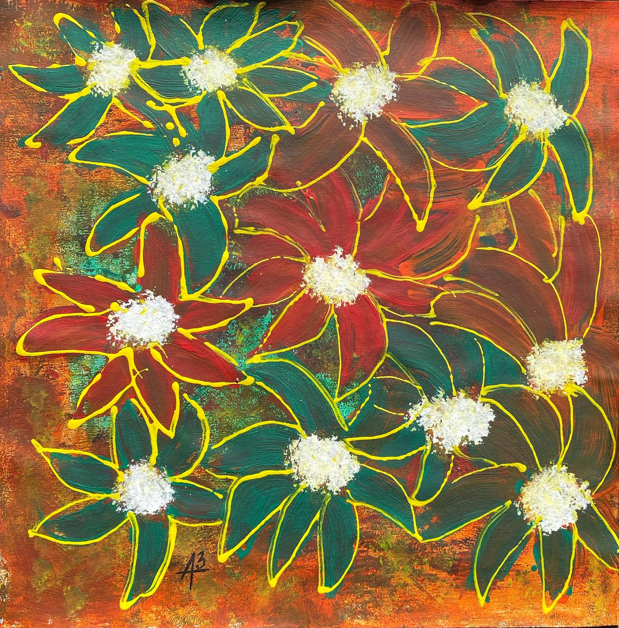 オリジナルカラフルな花の絵画 60 x 60 cm 抽象的な花の壁掛けアート