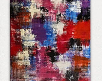 May include: Abstract painting with a textured, brushstroke design. The artwork features a vibrant mix of colors, including red, blue, purple, white, and black. The painting has a modern aesthetic and is signed in the bottom right corner.