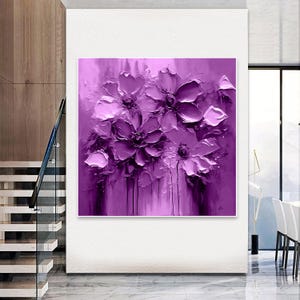 Flores abstratas em roxo – Pintura digital sobre tela, quadro de arte moderna XXL 100×100 cm totalmente esticado – Flores roxas abstratas