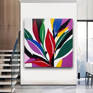 Abstract Leaves – Digital Painting on Canvas, Modern Art Picture XXL 80x80 cm, Large Wall Art Ready Stretched