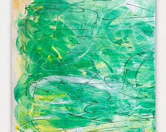 深緑のミニマルな抽象画（キャンバスに描いたアクリル画、36 x 48