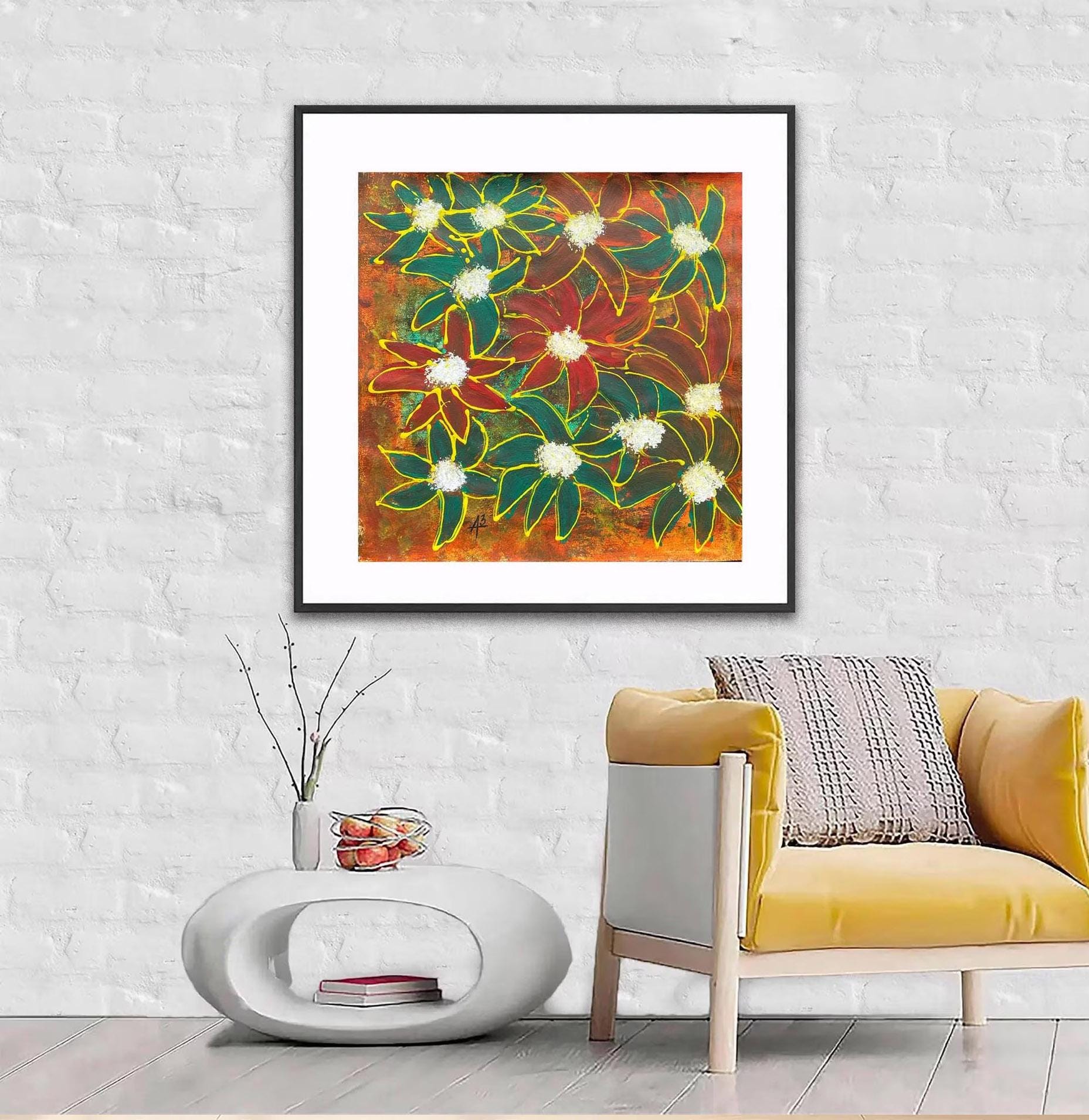 抽象的なカラフルな庭 - 花柄のアクリル画、パスパルトゥーフレーム