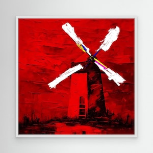 Könnte beinhalten: Abstraktes Gemälde eines Windrads in Rot- und Weißtönen. Das Windrad ist rot, mit weißen Flügeln. Der Hintergrund ist ein strukturiertes Rot, und das Kunstwerk ist in einem weißen quadratischen Rahmen präsentiert. Der Stil ist kühn und ausdrucksstark.