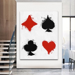Dipinto acrilico astratto "Gioco di carte a quattro colori" – Tela originale dipinta a mano XXL 120 x 100 cm – Quadro moderno da parete
