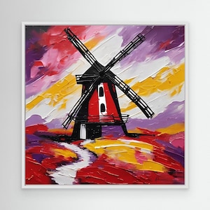 Könnte beinhalten: Quadratisch gerahmtes abstraktes Gemälde einer Windmühle. Die Windmühle ist schwarz und rot mit weißen Akzenten. Der Hintergrund zeigt einen farbenfrohen Himmel mit Schattierungen von Lila, Gelb und Weiß. Der Vordergrund ist ein Feld aus Rot und Weiß.