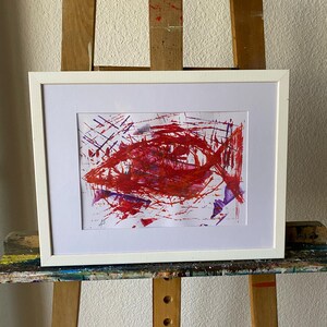 Peinture acrylique abstraite avec cadre passe-partout, bois de pin, pièce unique originale, tableau à accrocher directement 30 x 40 cm / poisson