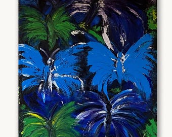 Pintura abstracta de mariposas, arte mural azul verdoso, arte moderno sobre lienzo, obra de arte original, pieza impactante de gran tamaño, mundo de mariposas