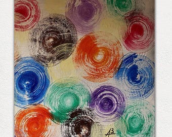 May include: Abstract painting featuring numerous colorful spiral brushstrokes on a light background. The artwork showcases a variety of hues, including red, orange, blue, green, and purple, creating a dynamic and textured visual effect.
