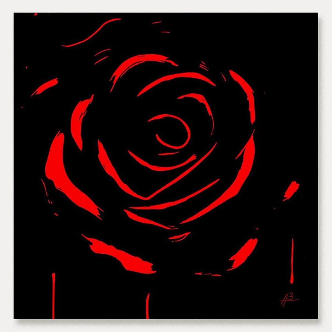 Abstract Red Rose Painting, Black Red Wall Art, Modern Floral Canvas ...