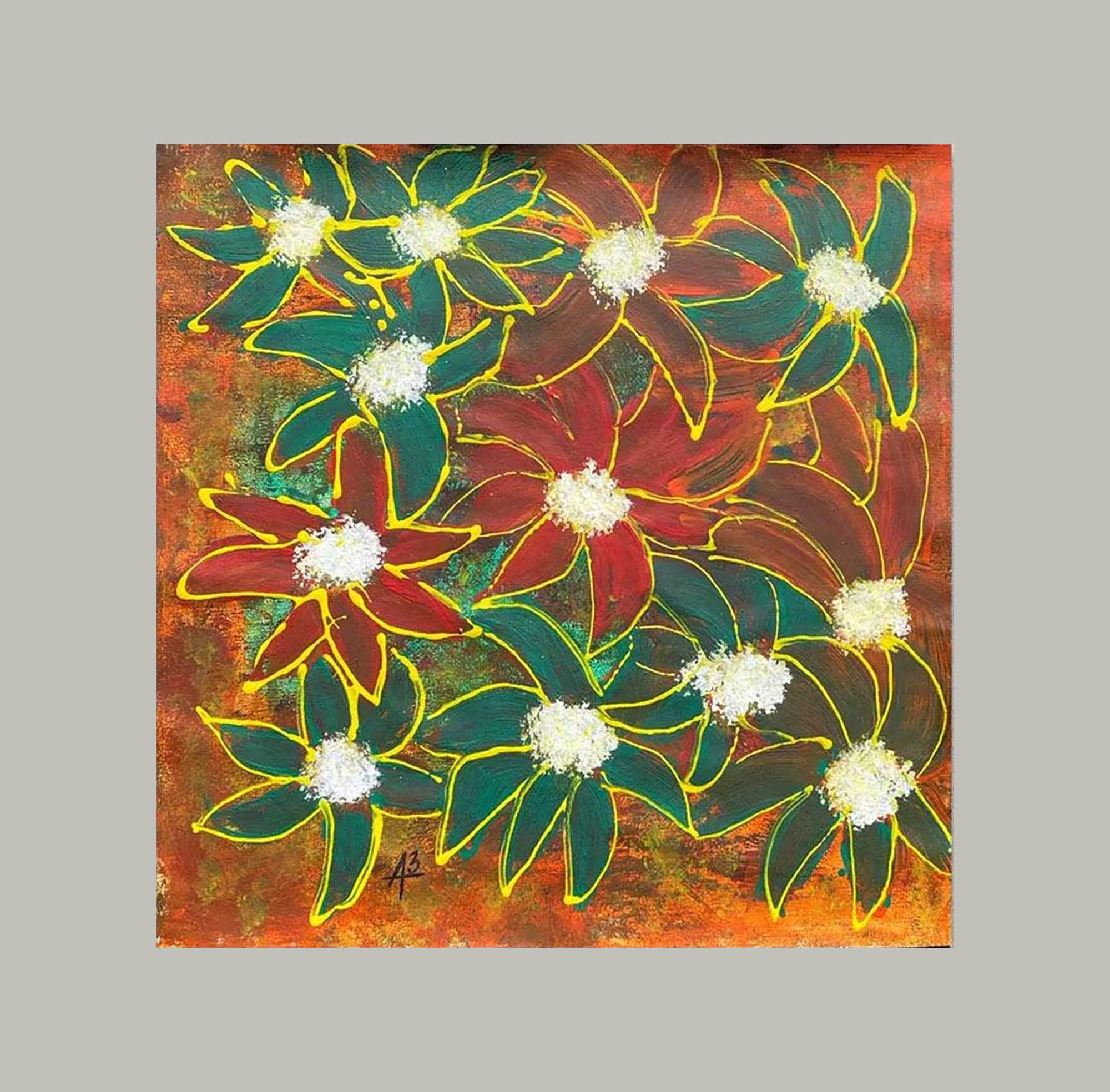 抽象的なカラフルな庭 - 花柄のアクリル画、パスパルトゥーフレーム