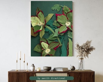 Blommig abstrakt canvastavla - Unik väggkonst - Naturinspirerad rödgrön