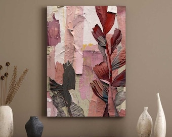 Röd & Rosa Abstrakt Canvastavla – Blommiga Löv Modern Väggkonst, Stor Vardagsrumsinredning
