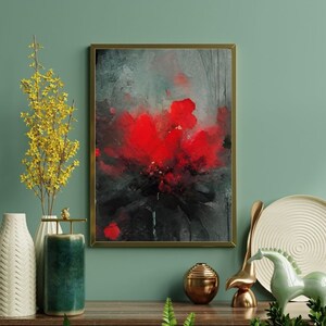 Toile florale rouge : peinture florale audacieuse, oeuvre d&#39;art murale moderne