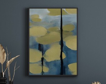 Abstrakt blommig canvastavla: Gröna kronblad, blå samtida väggkonst