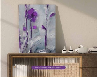 Impressão em tela de paisagem de inverno com flores roxas: arte de parede abstrata moderna