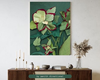 Blommig abstrakt canvastavla - Unik väggkonst - Naturinspirerad rödgrön